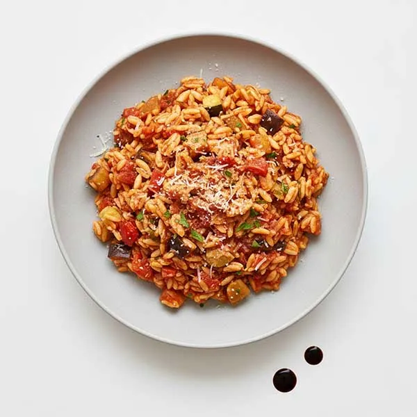 Fragrant Basil & Eggplant Medley With Rich Vegetable Orzo